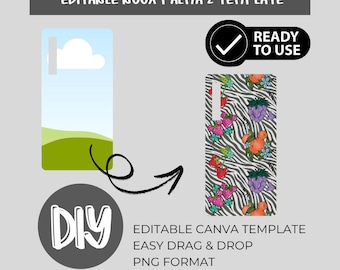 Op de afbeelding: Een digitale sjabloon voor de Boox Palma 2, met een telefoonhoesje-ontwerp met zebraprint en kleurrijke bloemen- en fruitillustraties. De afbeelding bevat de tekst "EDITABLE BOOX PALMA 2 TEMPLATE" en "READY TO USE".