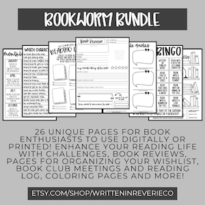 Op de afbeelding: Een zwart-witte printbare bookworm-bundel met 26 unieke pagina's voor boekenliefhebbers. De pagina's bevatten boekrecensies, leesuitdagingen, maandelijkse leeslogboeken, boekclubvergaderingpagina's en meer. De tekst "BOOKWORM BUNDLE" staat bovenaan de afbeelding.