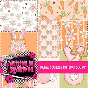May include: A digital seamless pattern featuring a patchwork design with Easter-themed illustrations. The pattern includes carrots, bows, flowers, and a bunny emerging from an egg. The color palette is soft, with shades of orange, pink, and green.