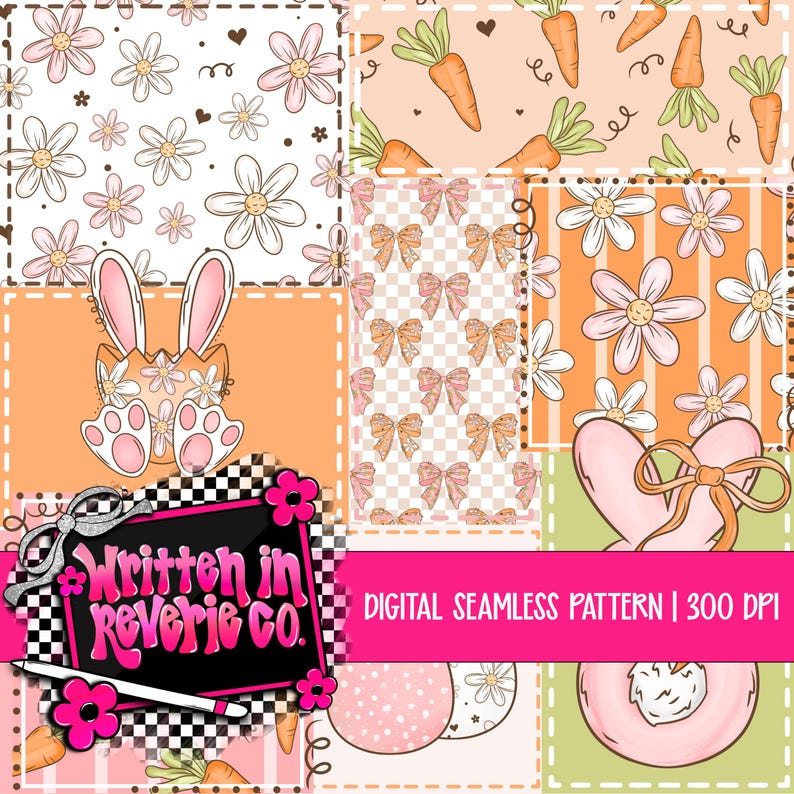 May include: A digital seamless pattern featuring a patchwork design with Easter-themed illustrations. The pattern includes carrots, bows, flowers, and a bunny emerging from an egg. The color palette is soft, with shades of orange, pink, and green.