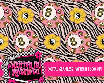 Hippie 8 Ball Girly Retro Zebra Print Seamless Pattern (PNG, 300 DPI) (Digital Download)