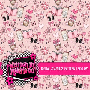 Modello senza cuciture con libri e fiocchi rosa Coquette (download digitale, 300 DPI)