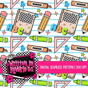 May include: A seamless digital pattern featuring school supplies on a blue-lined background. Elements include pink triangles, orange markers, yellow pencils, blue pushpins, books with checkered covers, and the letters ABC in blue, orange, and green.