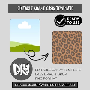 Könnte beinhalten: Eine digitale Vorlage für ein Kindle Oasis, mit einer Landschaftsabbildung und einem Leopardenmuster. Das Bild enthält den Text "EDITABLE KINDLE OASIS TEMPLATE", "READY TO USE", "DIY" und "EDITABLE CANVA TEMPLATE". Die Etsy-Shop-URL ist ebenfalls enthalten.