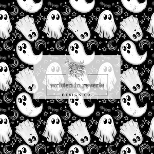 May include: A repeating pattern of white ghosts, stars, moons, and bats on a black background. The ghosts have simple, round eyes and a friendly appearance. The text "written in reverie DESIGN CO." is overlaid on the image.