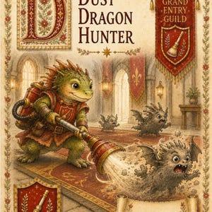 May include: A fantasy illustration titled Dust Dragon Hunter featuring a green, reptilian creature wearing red armor and carrying a vacuum-like device. It is chasing small, grey, fuzzy creatures across a carpeted hall. Includes a banner labeled Grand Entry Guild.