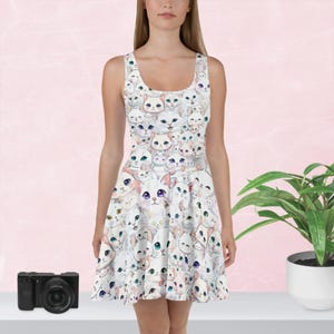 Vestido con estampado de gato: adorable vestido de anime kawaii con estampado de gatitos pastel, ideal para amantes de los gatos, atuendos divertidos y elegantes.