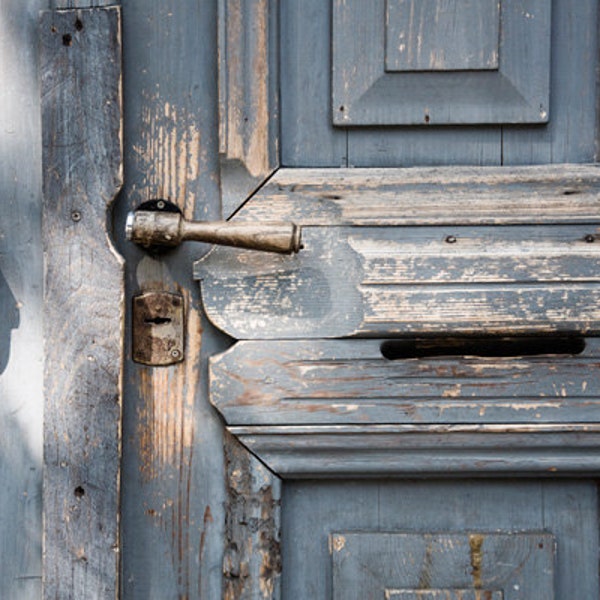 blue doors with handle, abstract  photography, 8x12 architecture photo, lock, entrance, blue, gray, rustic country home decor