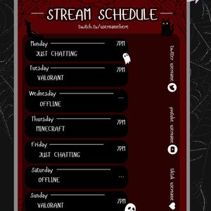 Spooky Goth Twitch Stream Schedule Template | Halloween Aesthetic Streaming Overlay | Editable Streaming Planner | Multiple Colours provided