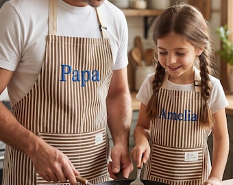 Custom Embroidered Dad Kid Aprons, Matching Apron Set with Pockets, Father’s Day Cooking Gift