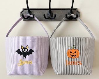 Personalized Striped Halloween Trick or Treat Bag, Kids Candy Bucket, Embroidered Name Bag, Happy Halloween Gifts