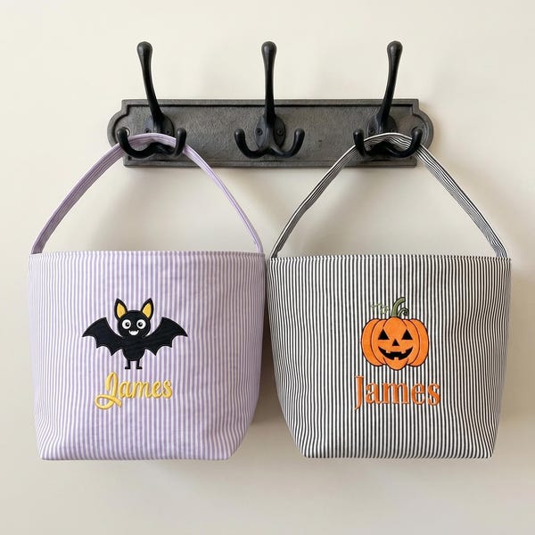 Personalized Striped Halloween Trick or Treat Bag, Kids Candy Bucket, Embroidered Name Bag, Happy Halloween Gifts