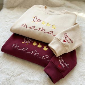 Embroidered Mama Duck Sweatshirt, Personalized Kids Names Sleeve, Mom Gift