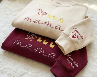 Embroidered Mama Duck Sweatshirt, Personalized Kids Names Sleeve, Mom Gift