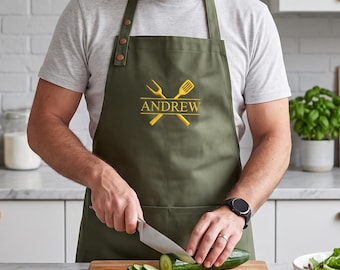 Personalized Canvas Apron, Custom Gift For Men, Bartender's Apron, Embroidered Apron for Dad, Men's Chef Apron