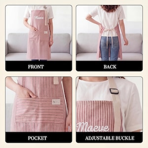 May include: A red and white striped apron with the name "Maeve" embroidered on the chest. The apron has an adjustable buckle and a front pocket. The apron is shown from the front and back.