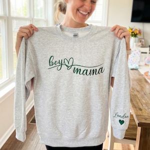 Embroidered Boy Mama Sweatshirt, Personalized Kids Names on Sleeve, New Mom Gift