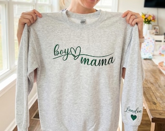 Embroidered Boy Mama Sweatshirt, Personalized Kids Names on Sleeve, New Mom Gift