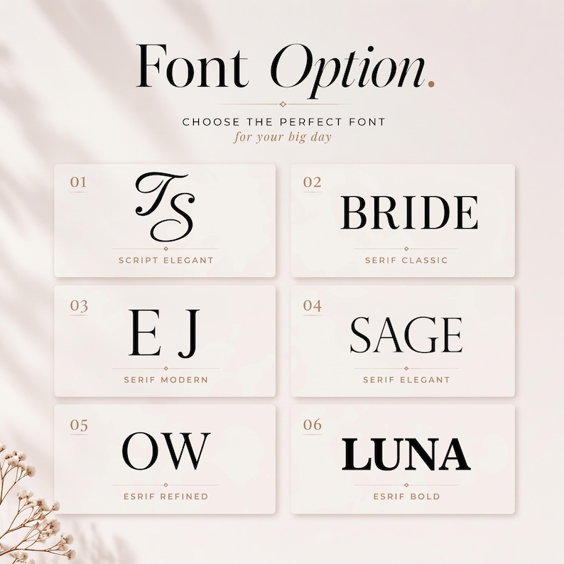 Puede incluir: Opciones de fuente para una invitaci&oacute;n de boda. La imagen muestra seis opciones de fuente, cada una en una tarjeta rectangular. Las fuentes est&aacute;n etiquetadas con nombres como "Bride" y "Luna", y estilos como "Script Elegant" y "Serif Classic". Tambi&eacute;n se incluye el texto "Elige la fuente perfecta para tu gran d&iacute;a".