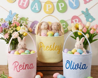 Personalized Seersucker Easter Basket, Embroidered Name Kids Basket, Easter Egg Hunt Basket,Easter Gift for Kids