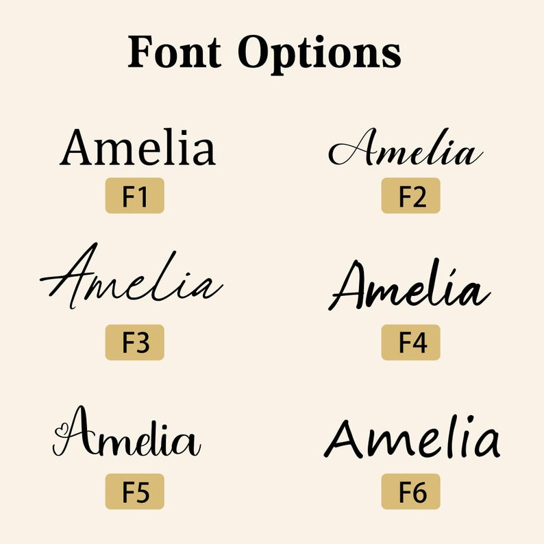 May include: Image showcasing six different font options for the name "Amelia." Each font style is displayed with the name and a corresponding label (F1-F6) on a light beige background. The text "Font Options" is at the top.