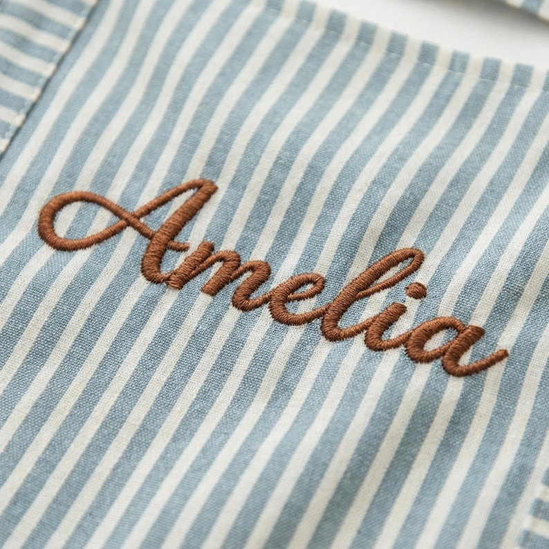 May include: Close-up of a light blue and white striped fabric with the name "Amelia" embroidered in brown cursive script. The fabric has a textured appearance.