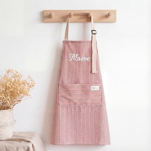 女性用パーソナライズエプロン、ポケット付きカスタムストライプエプロン、調節可能なストラップ付き刺繍大人用ベーキングエプロン、彼女へのギフト