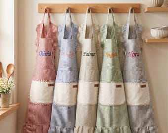 Personalized Striped Apron with Pockets, Embroidered Baking Kitchenwear