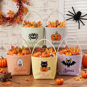 Personalized Seersucker Trick or Treat Basket, Halloween Candy Bucket for Kids, Embroidery Halloween Bag, Halloween Pumpkin Basket Gift