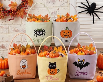 Personalized Seersucker Trick or Treat Basket, Halloween Candy Bucket for Kids, Embroidery Halloween Bag, Halloween Pumpkin Basket Gift