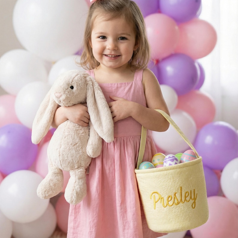 May include: A young child in a pink dress holds a beige stuffed bunny and a yellow Easter basket filled with decorated eggs. The basket is embroidered with the name "Presley". Balloons in white, pink, and purple are in the background.