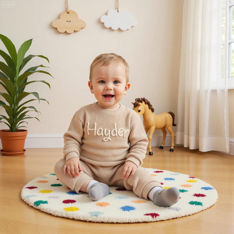 May include: A smiling baby wearing a tan sweater and pants set with the name "Hayden" embroidered on the front. The baby is sitting on a round rug with colorful polka dots. A toy horse and decorative clouds are in the background.