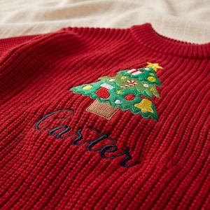 May include: A red ribbed knit sweater featuring an embroidered green Christmas tree decorated with colorful ornaments, a candy cane, and a yellow star. The name Carter is embroidered in dark blue cursive script below the tree.