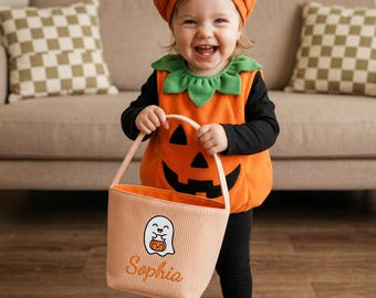 Personalized Seersucker Halloween Trick or Treat Basket, Kids Candy Bucket, Embroidered Name Bag, Happy Halloween Gifts