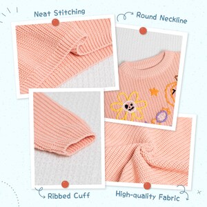 May include: Close-up shots of a peach-colored sweater showcasing details like neat stitching, a round neckline, ribbed cuffs, and high-quality fabric. The sweater features embroidered floral and star designs.