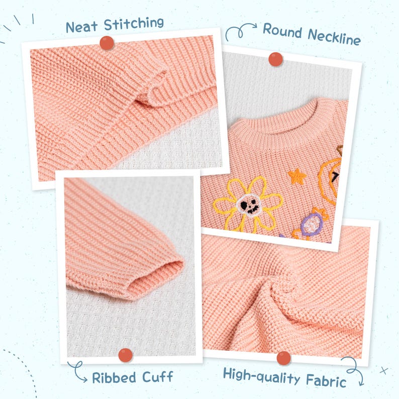 May include: Close-up shots of a peach-colored sweater showcasing details like neat stitching, a round neckline, ribbed cuffs, and high-quality fabric. The sweater features embroidered floral and star designs.