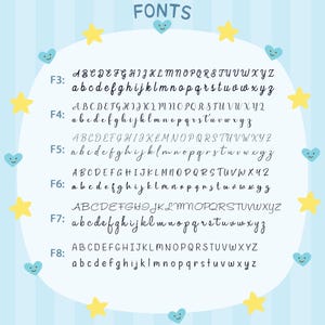 May include: A light blue background with the word "FONTS" at the top. The image displays examples of different font styles, including uppercase and lowercase alphabets, labeled F3 through F8. Decorative stars and hearts surround the text.