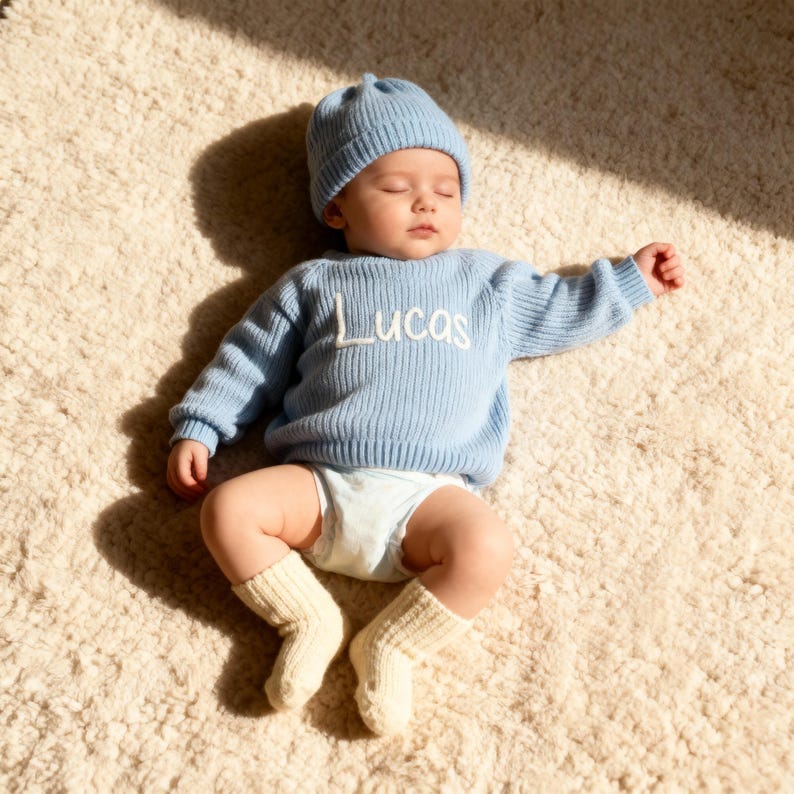 May include: A baby wearing a light blue knit sweater and matching beanie, with the name "Lucas" embroidered in white. The baby is also wearing cream-colored socks and a diaper. The baby is lying on a cream-colored rug.