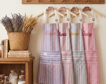 Personalized Apron for women, Colorful Striped Cotton Linen Apron With Pockets,  Adjustable Neck Strap Kitchen Apron, Gift for Her