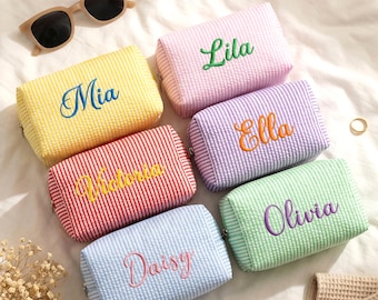 Personalized Seersucker Cosmetic Bag, Embroidered Monogram Toiletry Pouch, Bridesmaid Gift