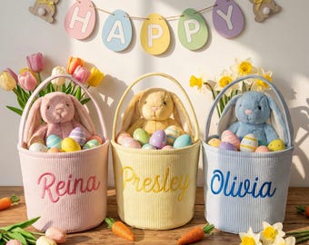 Personalized Seersucker Easter Basket, Embroidered Kids Name Basket