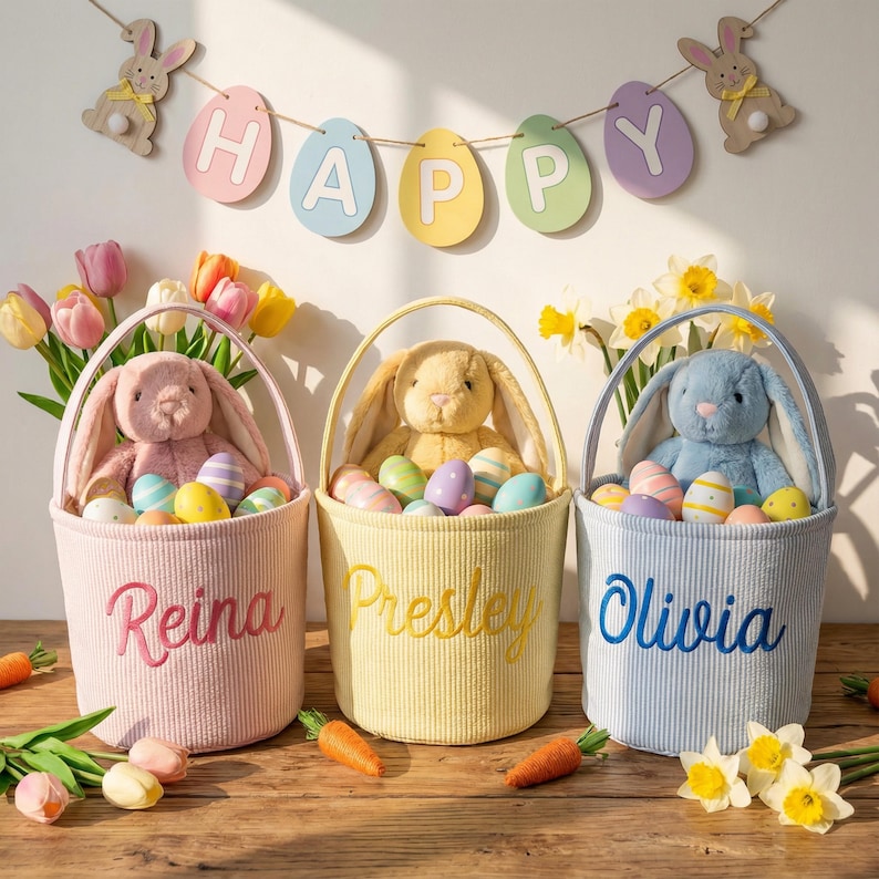 May include: Three pastel-colored Easter baskets with plush bunnies and decorated eggs. Each basket has a name embroidered on the front: Reina, Presley, and Olivia. A banner above reads "HAPPY".