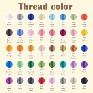 Puede incluir: Una carta de colores titulada "Thread color" muestra una variedad de colores de hilo con n&uacute;meros y nombres correspondientes. Los colores van desde el blanco y la plata hasta el negro, incluyendo tonos de azul, verde, rosa y amarillo. La carta est&aacute; dise&ntilde;ada para la selecci&oacute;n de colores.