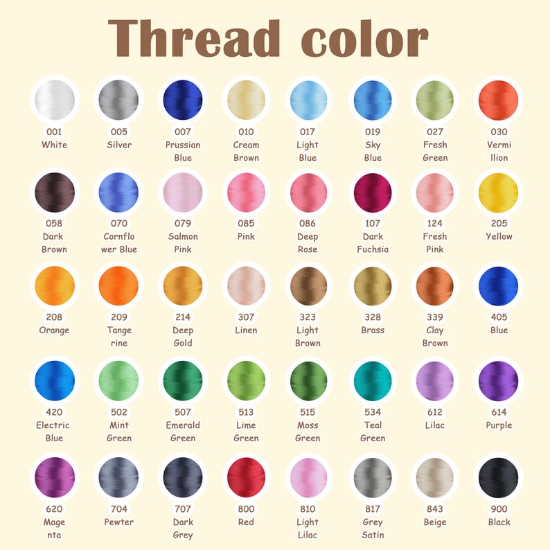 Puede incluir: Una carta de colores titulada "Thread color" muestra una variedad de colores de hilo con n&uacute;meros y nombres correspondientes. Los colores van desde el blanco y la plata hasta el negro, incluyendo tonos de azul, verde, rosa y amarillo. La carta est&aacute; dise&ntilde;ada para la selecci&oacute;n de colores.
