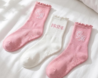 Custom Embroidered Ruffle Pilates Socks, Personalized Grip Socks for Women, Bachelorette Gifts