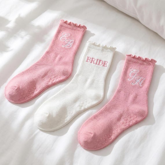 Custom Embroidered Ruffle Pilates Socks, Personalized Grip Socks for Women, Bachelorette Gifts