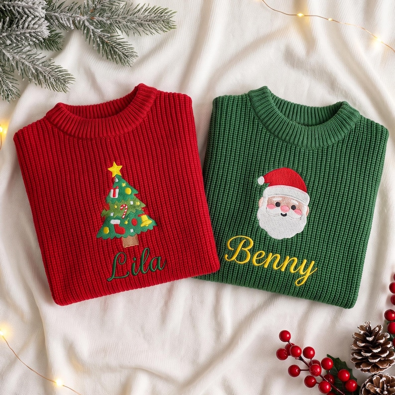 May include: A red ribbed knit sweater featuring an embroidered Christmas tree and the name Lila in green, alongside a green ribbed knit sweater featuring an embroidered Santa Claus face and the name Benny in yellow embroidery.