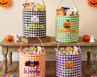 Custom Embroidered Plaid Halloween Treat Bag, Personalized Candy Bucket for Kids, My First Halloween Basket