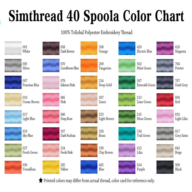 May include: Simthread 40 Spoola Color Chart featuring a color palette of embroidery thread. The chart displays a range of colors, including white, silver, blue, pink, green, and purple. Each color is labeled with a number and name, such as "001 White" and "800 Red".
