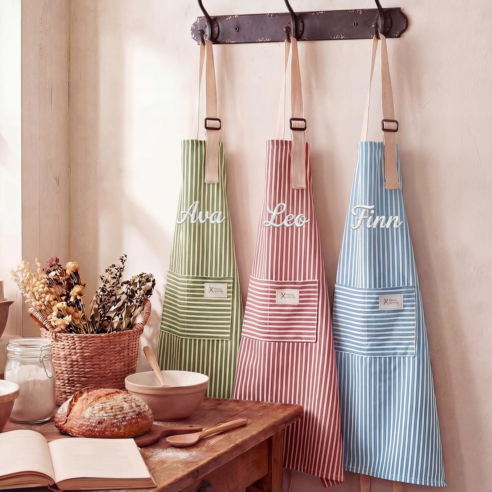 Personalized Apron for women, Custom Striped Apron With Pockets, Embroidered Adult Baking Apron with Adjustable Straps, Gift for Her - Blue, Name in F3